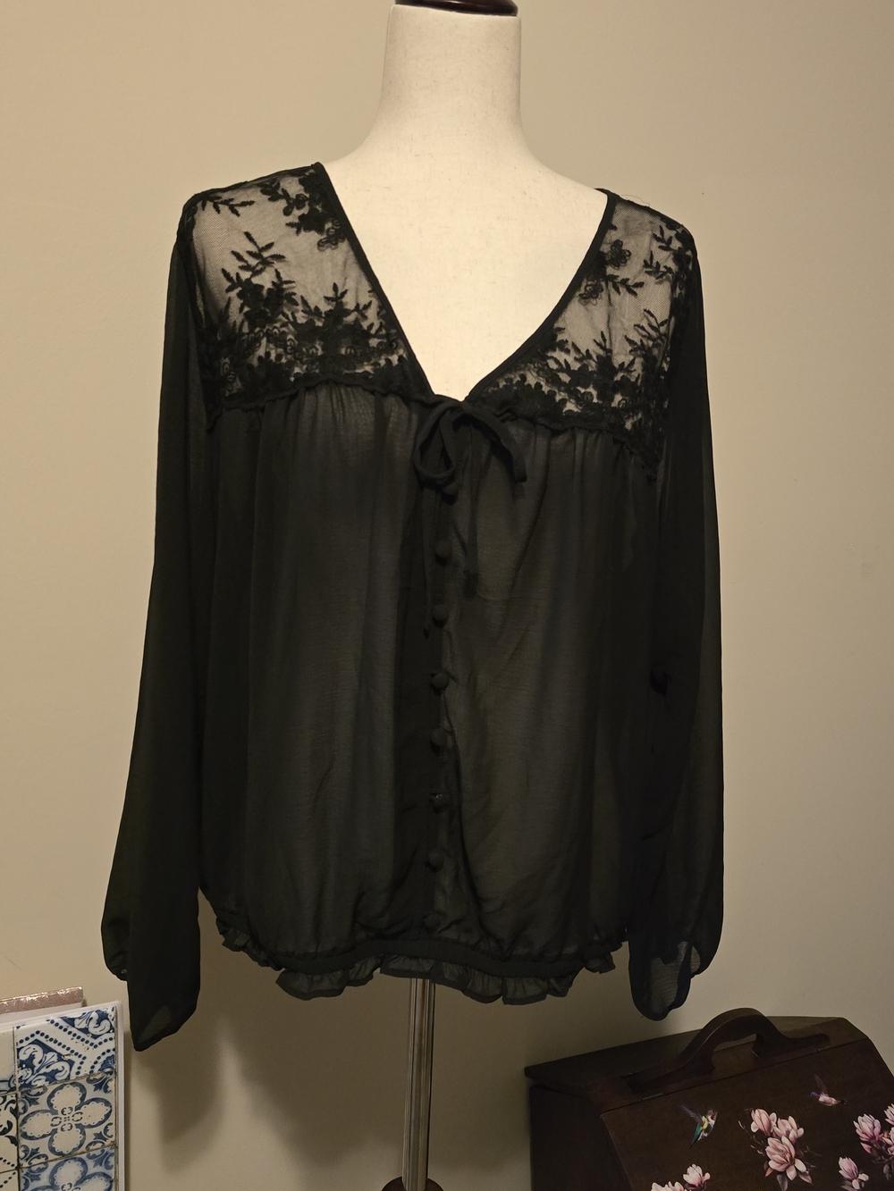 torrid Black Sheer Lace Yoke Button-Front Blouse